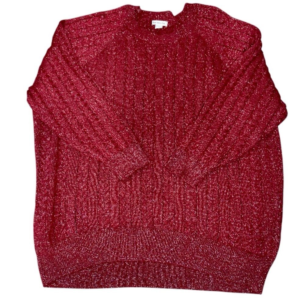 Athleta Crew Neck Cable Knit Sweater Red w/ Silver Mettalic Wool Blend 2X